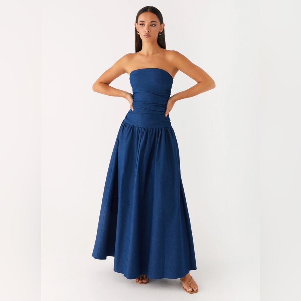 NEW Peppermayo Carmel Strapless Maxi Long Dress Denim indigo Blue US 6